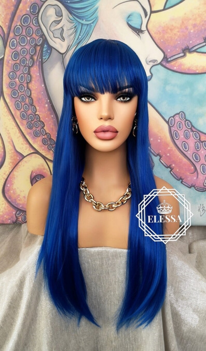 Long Straight Dark Royal Blue Color Wig With Bangs Wigs Blue Etsy