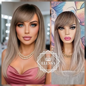 Long Straight Ombre Wig – Natural Brown / Ash Blonde / Milky White Blonde – Adjustable Style Bangs – Everyday Women’s Wig / Fashion Wig