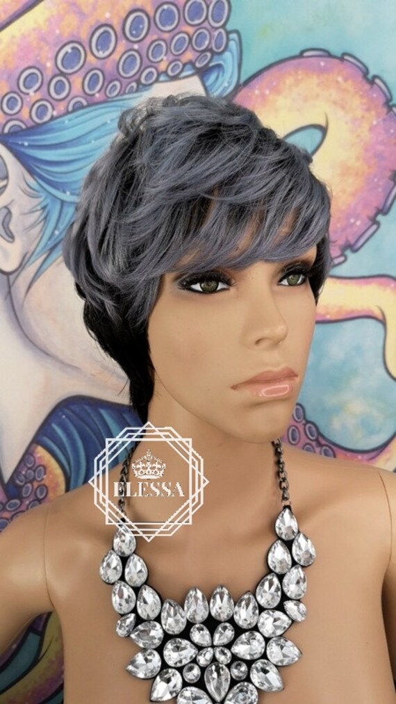 Short Natural Ombre Wig Black And Silver Dark Grey Color Wig Etsy