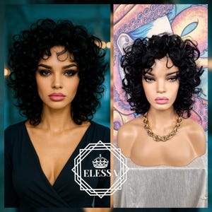 Sexy Short Retro Curly Max Volume Effect Black Color Wig with Bangs, Wigs, Scene Wig, Stage Wig, Wig for Women, Black Curly Wig, Fashion Wig