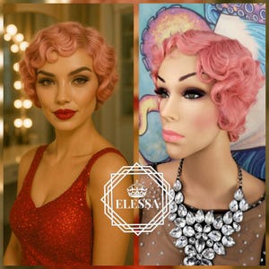 Seksowna krótka jasnoróżowa peruka syntetyczna w stylu burleski vintage, peruki, fale hollywoodzkie, drag queen, fale palcami z lat 30. XX wieku, peruki w stylu retro