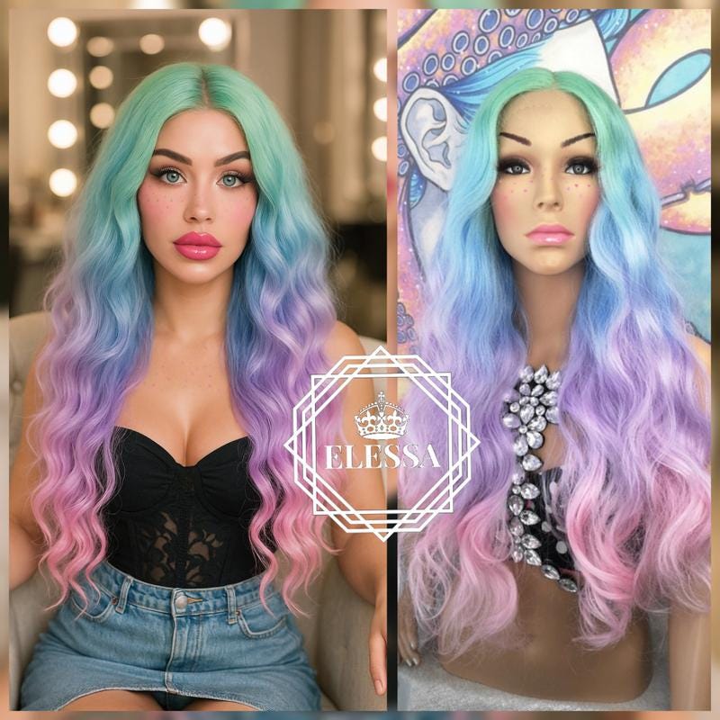 Lace Front LUXURY Long Sweet Cute Rainbow Color Wig, Wigs, Unicorn, Princess, Mermaid, Drag Queen, Kawaii, Cosplay, Pastel, Human Hair Look