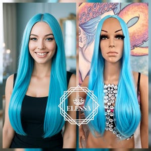 Schöne lange gerade hellhimmelblaue Farbe Perücke, Perücken, Cosplay Perücke, Halloween-Perücke, Bühnenperücke, Anime-Perücke, Kawaii Perücke, Pastellperücke, Fairy Perücke