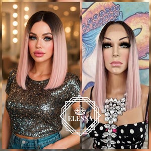 Lace Front LUXURY Medium Bob Hairstyle Ombre - Dark Brown Root and Light Creamy Pink Mix Color, Lace Frontal Ombre Wig, Sexy Bob Lace Wig