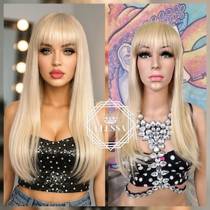 Beautiful Long Straight Hairstyle Natural Light Blonde Mixed Color Wig with Bangs, Wigs, Wig for Women, Wig for Everyday Wear, Blonde Wigs