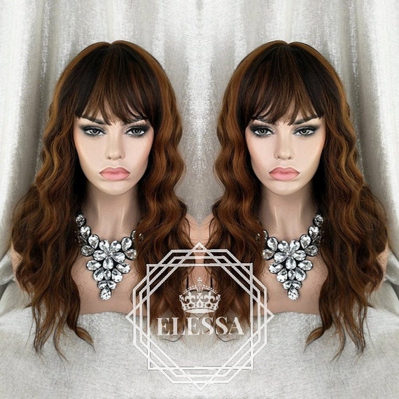 Long Wavy Hairstyle Natural Brown Mixed Color Wig Wig With Bangs Light Brown And Dark Brown Mixed Color Wig Wigs Daily Fashion Trendy Wig