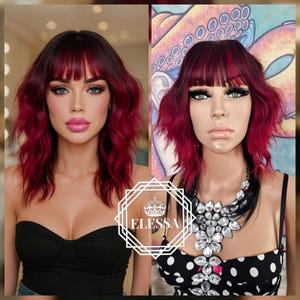 Retro Chic Medium Wavy Hairstyle Ombre - Black / Bright Red Mixed Color Wig, Wigs, Fashion Wig, Vintage Wig, Hippie Wig, Punk Wig, Red Wig