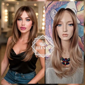 Ombre Blonde Lace Front Wig with Curtain Bangs – Hand-Tied Long Feminine Wig, Natural Brown/Blonde Mix, Medical Wig, Chemo Wig, Daily Wear