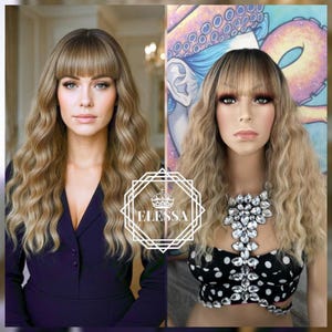 Medium Wavy French Haircut Balayage Ash Blonde Mix and Natural Black Root Wig with Bangs, Wigs, Wig for Everyday Wear, Natural Wig, Wedding