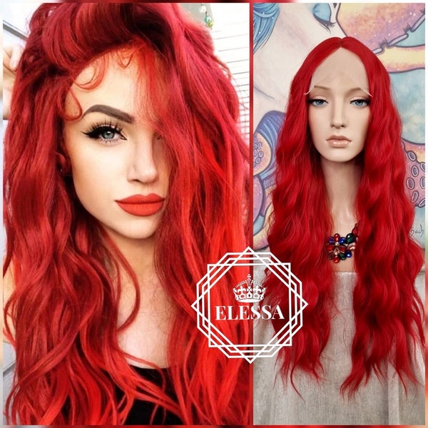 Fantastic Long Wavy Sexy Hairstyle Lace Front Bright Fire Red Color Wig, Wigs, Red Sexy Wigs, Wig for Women, Fashion Wig, Gothic Wig, Ariel