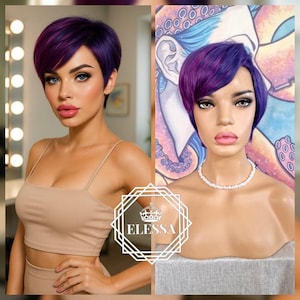 Peluca corta para mujer: estilo pixie en violeta/violeta ciclamen. Ideal para cosplay, escenario, muñeca, rock, punk.