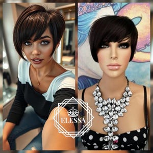 Sexy Short Pixie Hairstyle Natural Dark Brown Color Wig with Side Bangs, Wigs, Pixie Wigs, Emo, Gothic, Unisex Wigs, Wigs for Boys /  Girls