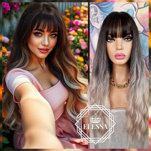 Romantic Long Wavy Wig with Gradient Dark Brown Root and Ash Blonde Ends | Everyday Style | Natural-Looking Soft Hair with Bangs | Doll Girl