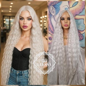 Lace Front LUXURY Extra Long Wavy Hairstyle Cool Platinum Light Blonde #1001 Color 100 cm Sexy Wig, Wigs, Natural Light Platinum Blondе Wig