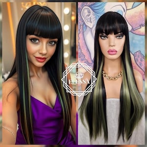 Modern Long Straight Black Wig with Olive Green Highlights Bangs – Everyday Boutique Wig – Alopecia Chemotherapy Friendly, Fashion Wig
