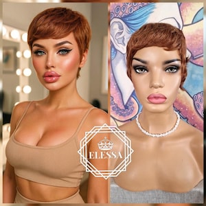 May include: A short, auburn-colored pixie wig is displayed on a mannequin and a person. The wig has a side-swept bang and is styled with soft waves. The mannequin wears a white pearl necklace. The logo "Elessa" is in the center.