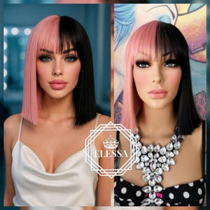 Schattig medium recht bob kapsel twee kleuren - zwart en roze pruik met pony, pruiken, pastelkleurige pruik, kawaii-pruik, gotisch, sprookje, scène, cosplay