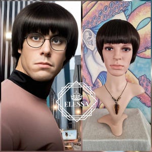 Fantástica peruca de penteado liso coreano para homens em cor marrom escuro natural com franja, peruca de penteado Spock, peruca de fantasia, peruca de cosplay, palco