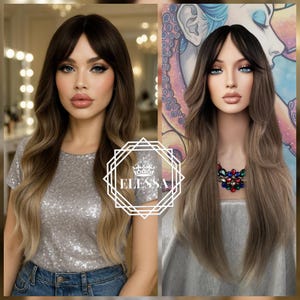 Long Straight Ombre - Natural Dark Brown #4 Root and Natural Brown #12 / Ash Blonde Mixed Color Wig with Curtain Style Bangs, Wigs, Sexy Wig