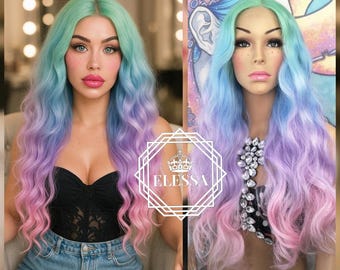 Lace Front LUXURY Long Sweet Cute Rainbow Color Wig, Wigs, Unicorn, Princess , Mermaid, Drag Queen, Kawaii, Cosplay, Pastel, Human Hair Look