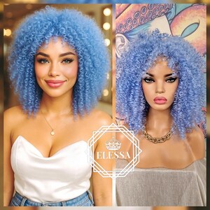 Fantastic Medium Curly / Kinky Fluffy Super Cute Sweet Light Baby Blue Color Afro Wig with Bangs, Wigs, Light Blue Curly Wigs, Curly Wigs