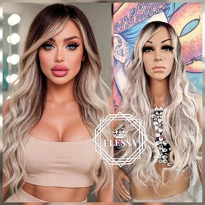 Beautiful Long Balayage - Natural Brown Root and Milky Blonde Color Wig with Bangs, Wigs, Natural Wig, Sexy Ombre Wig, Wig for Women, Sexy