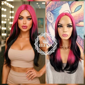 Fabulous Long Straight Gradient Effect - Cute Bonbon Pink Mix and Black Color Wig with Bangs, Mermaid Fantasy Wig, Fashion Spectacular Wig