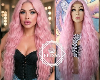 Lace Front LUXURY Extra Long 100cm Wavy Beach Hairstyle Sweet Light Pink Color Wig, Wigs, Scene Princess, Human Hair Look Wigs, Striped Wigs