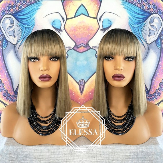 Medium Ombre Bob Style Wig French Hairstyle Balayage Light Sand Blonde With Root Black Human Hair Look Daily Wig Wigs Wig With Bangs