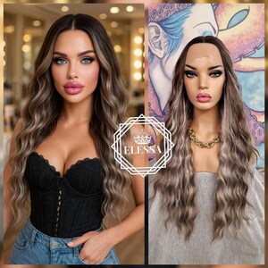 Unique Sexy Long Wavy Cat Walk Fashion Hairstyle Lace Front Luxury Balayage - Natural Dark Brown / Light Milky White Blonde Mix Wig, TOP Wig