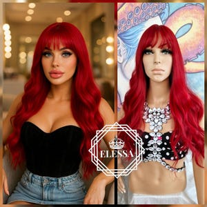Sexy Long Curly Hairstyle Intensive Red Color Wig with Bangs, Wigs, Red Wigs, Natural Wig, Fashion Wig, Scene Wig, Gothic Wig, Mermaid Wig