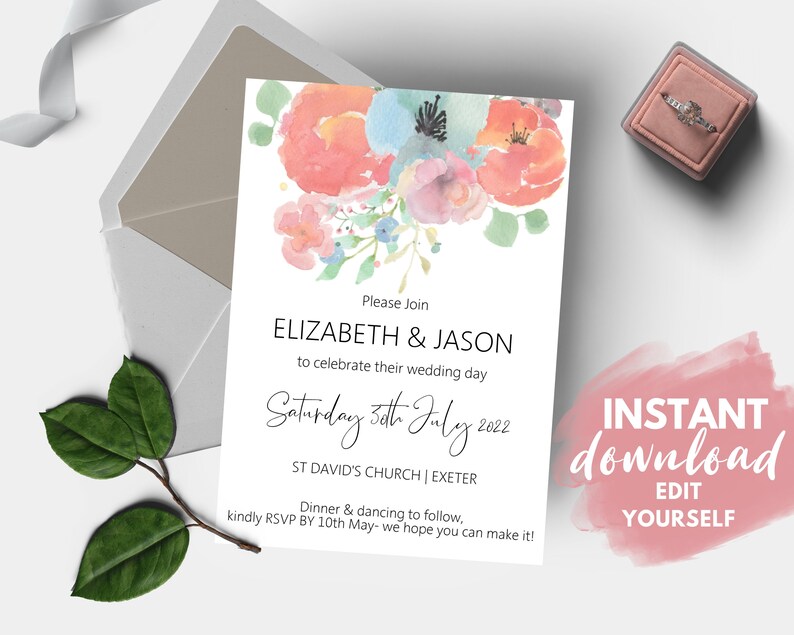 Peony Invitation Reception Only Wedding Invitation Coral Etsy
