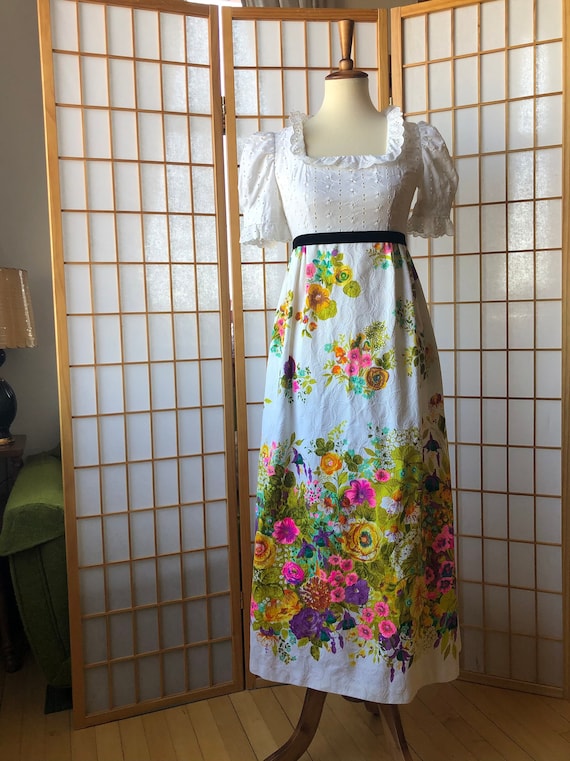 60s/70s White Eyelet Floral Maxi Dress, THC Hawaii