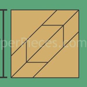 May include: A tan and black 6-inch Hunter's Star quilt block design on a green background. The block features a geometric pattern with a central rectangle and angled pieces. The text "6" Hunter's Star" is at the top.