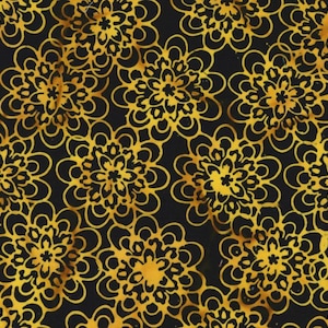 May include: A black background with a repeating pattern of gold floral designs. The flowers are stylized and have a circular shape with multiple layers of petals.