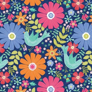 May include: A vibrant floral pattern with blue, pink, orange, and green flowers on a dark blue background. Two turquoise blue birds are flying among the flowers.