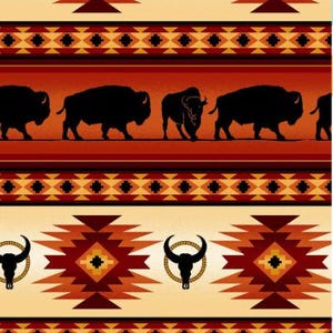 May include: A repeating pattern of Native American inspired geometric designs in shades of red, orange, and yellow. Silhouettes of buffalo are interspersed throughout the pattern.
