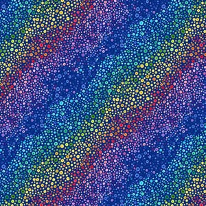 May include: A seamless pattern featuring a rainbow of colors in a swirling, dot-like design on a dark blue background.