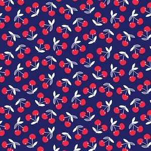 Può includere: Uno schema senza cuciture di ciliegie rosse con steli e foglie bianche su uno sfondo blu scuro.