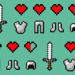 May include: Pixel art design featuring a sword, hearts, armor, and boots. The design is in a green background.
