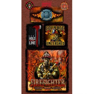 May include: A brown fabric with a firefighter theme. The fabric features a firefighter in a helmet and a fire axe, surrounded by flames. The text "Firefighter" is written in large letters below the image. The text "Courage, Honor, Sacrifice" is written in smaller letters below the large text.