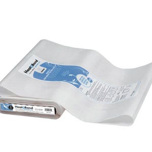 May include: A roll of HeatnBond Feather Lite iron-on adhesive, with a white fabric sheet partially unrolled. The packaging features blue and white text, including the product name and instructions. The roll measures 50.8 cm by 32.9 metres.