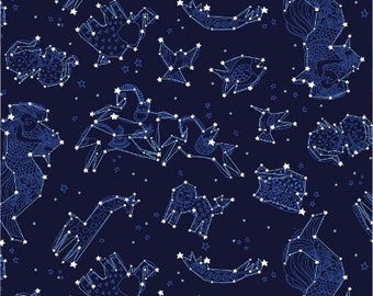 Light Navy Zodiac- Celestial Magic by Laurel Burch Collection From Clothworks- Continuous Yardage (Inv #63169)
