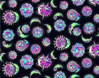 Fat Quarter- 18"x22"- Black Suns- Celestial Magic by Laurel Burch Collection From Clothworks (Inv #60103)