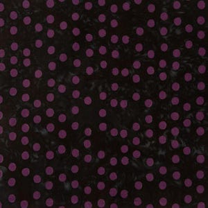 May include: Black fabric with a repeating pattern of purple polka dots.