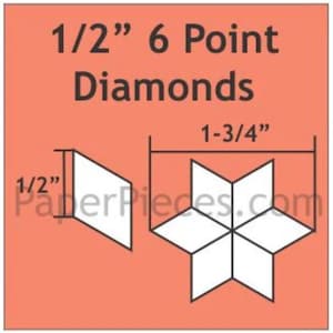 Könnte beinhalten: Diagramm, das zeigt, wie man einen 6-zackigen Diamantenstern aus 1/2 Zoll großen Papierquadraten erstellt. Der fertige Stern misst 1-3/4 Zoll im Durchmesser.