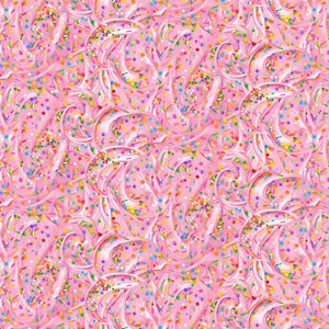 May include: A seamless pattern of pink swirls with white highlights, densely packed and covered in colorful sprinkles. The design features a repeating, abstract motif, creating a textured, sweet, and playful aesthetic.