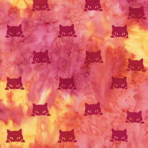 May include: A fabric with a repeating pattern of dark red cat silhouettes on a vibrant background. The background transitions from yellow to pink and red, creating a watercolor effect. The cats are in a playful pose.