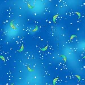 May include: A seamless pattern of green crescent moons with gold details on a blue background with white stars.