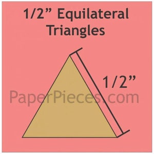 May include: A diagram showing how to make a 1/2 inch equilateral triangle. The triangle is drawn in brown on a pink background. The text "1/2" inch equilateral triangles" is at the top of the image. The text "PaperPieces.com" is at the bottom of the image.